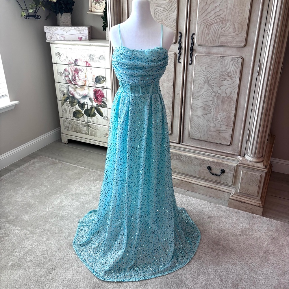 NEW Aqua Dress Cowl Neckline Seafoam Blue Strapless Prom Dress NWOT Size L/12 - Picture 1 of 12